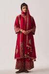 Buy_Wabi Sabi By Anshum-Ritesh_Red Chanderi, Organza Floral Nest Phiran Kurta, Flare Pant And Dupatta Set _at_Aza_Fashions