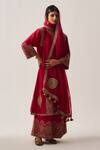 Wabi Sabi By Anshum-Ritesh_Red Chanderi, Organza Floral Nest Phiran Kurta, Flare Pant And Dupatta Set _Online_at_Aza_Fashions