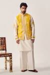 Buy_Wabi Sabi By Anshum-Ritesh_Off White Chanderi Embroidery Marigold Court Bundi Kurta And Flare Pant Set _at_Aza_Fashions