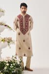 Buy_Wabi Sabi By Anshum-Ritesh_Beige Chanderi Embroidery Crimson Bloom Kurta And Pyjama Set _at_Aza_Fashions