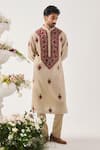 Shop_Wabi Sabi By Anshum-Ritesh_Beige Chanderi Embroidery Crimson Bloom Kurta And Pyjama Set _Online_at_Aza_Fashions