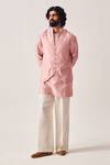 Buy_Wabi Sabi By Anshum-Ritesh_Pink Chanderi Embroidery Palm Reverie Woven Short Kurta, Pant And Bundi Set _at_Aza_Fashions