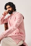 Shop_Wabi Sabi By Anshum-Ritesh_Pink Chanderi Embroidery Palm Reverie Woven Short Kurta, Pant And Bundi Set _Online_at_Aza_Fashions