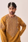 Buy_Wabi Sabi By Anshum-Ritesh_Mustard Chanderi Embroidery, Tassels Gilded Petal Kurta And Pyjama Set _Online_at_Aza_Fashions