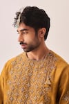 Wabi Sabi By Anshum-Ritesh_Mustard Chanderi Embroidery, Tassels Gilded Petal Kurta And Pyjama Set _at_Aza_Fashions