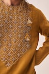 Shop_Wabi Sabi By Anshum-Ritesh_Mustard Chanderi Embroidery, Tassels Gilded Petal Kurta And Pyjama Set 