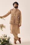 Buy_Wabi Sabi By Anshum-Ritesh_Beige Cotton Satin, Chanderi Bageecha Bundi Kurta And Pyjama Set _at_Aza_Fashions