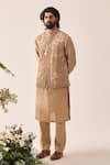 Wabi Sabi By Anshum-Ritesh_Beige Cotton Satin, Chanderi Bageecha Bundi Kurta And Pyjama Set _Online_at_Aza_Fashions