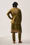 Shop_Wabi Sabi By Anshum-Ritesh_Olive Green Cotton Satin, Chanderi Embroidery, Wild Crest Bundi Kurta Set _at_Aza_Fashions