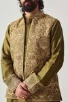 Wabi Sabi By Anshum-Ritesh_Olive Green Cotton Satin, Chanderi Embroidery, Wild Crest Bundi Kurta Set _at_Aza_Fashions