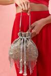 Shop_The Purple Sack_Silver Beads, Tassels Beaded Scallop Pattern Potli Bag _Online_at_Aza_Fashions