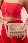 The Purple Sack_Beige Beads, Sequins Beaded Lattice Pattern Clutch  _at_Aza_Fashions