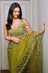 Buy_Quench A Thirst_Green Net, Satin Sequins, Mirrors, Jaal Work Pre-draped Saree And Blouse Set _Online_at_Aza_Fashions