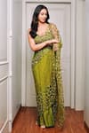 Shop_Quench A Thirst_Green Net, Satin Sequins, Mirrors, Jaal Work Pre-draped Saree And Blouse Set _Online_at_Aza_Fashions