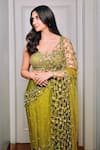 Quench A Thirst_Green Net, Satin Sequins, Mirrors, Jaal Work Pre-draped Saree And Blouse Set _at_Aza_Fashions