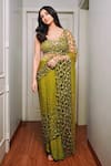 Shop_Quench A Thirst_Green Net, Satin Sequins, Mirrors, Jaal Work Pre-draped Saree And Blouse Set _at_Aza_Fashions