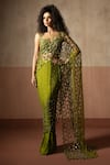 Quench A Thirst_Green Net, Satin Sequins, Mirrors, Jaal Work Pre-draped Saree And Blouse Set _Online