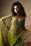 Buy_Quench A Thirst_Green Net, Satin Sequins, Mirrors, Jaal Work Pre-draped Saree And Blouse Set _Online