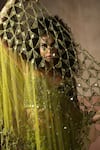 Shop_Quench A Thirst_Green Net, Satin Sequins, Mirrors, Jaal Work Pre-draped Saree And Blouse Set _Online