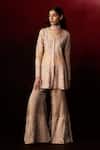 Buy_Aanchal Vijaywargi_Beige Chanderi, Organza Embroidery, Beads V-neck Sand Peplum Top With Palazzo _at_Aza_Fashions