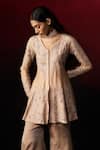Aanchal Vijaywargi_Beige Chanderi, Organza Embroidery, Beads V-neck Sand Peplum Top With Palazzo _Online_at_Aza_Fashions