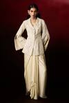 Buy_Aanchal Vijaywargi_Ivory Chanderi, Satin Embroidery Power Pearl Peplum Blazer With Skirt _at_Aza_Fashions
