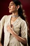 Buy_Aanchal Vijaywargi_Ivory Chanderi, Satin Embroidery Power Pearl Peplum Blazer With Skirt _Online_at_Aza_Fashions