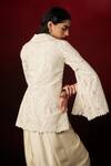 Shop_Aanchal Vijaywargi_Ivory Chanderi, Satin Embroidery Power Pearl Peplum Blazer With Skirt _at_Aza_Fashions