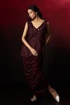 Buy_Aanchal Vijaywargi_Wine Chanderi, Satin Embroidery, Cut Work, Beads V-neck Velvet Top Skirt Set _at_Aza_Fashions