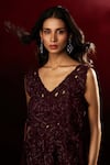 Shop_Aanchal Vijaywargi_Wine Chanderi, Satin Embroidery, Cut Work, Beads V-neck Velvet Top Skirt Set _Online_at_Aza_Fashions