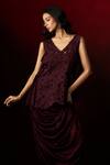 Aanchal Vijaywargi_Wine Chanderi, Satin Embroidery, Cut Work, Beads V-neck Velvet Top Skirt Set _at_Aza_Fashions