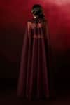 Shop_Aanchal Vijaywargi_Wine Satin Sweetheart , Open Velvet Embroidered Cape Skirt Set _at_Aza_Fashions
