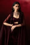 Buy_Aanchal Vijaywargi_Wine Satin Sweetheart , Open Velvet Embroidered Cape Skirt Set _Online_at_Aza_Fashions