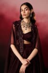Shop_Aanchal Vijaywargi_Wine Satin Sweetheart , Open Velvet Embroidered Cape Skirt Set _Online_at_Aza_Fashions