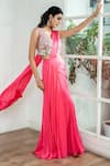 Akanksha Mago_Pink Satin, Georgette Embroidery, Mirrors Hand Blouse And Pre-draped Saree Set _Online_at_Aza_Fashions