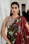 Akanksha Mago_Maroon Satin, Georgette, Silk Printed Ruffled Pre-draped Saree And Blouse Set _Online_at_Aza_Fashions