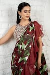 Buy_Akanksha Mago_Maroon Satin, Georgette, Silk Printed Ruffled Pre-draped Saree And Blouse Set _Online_at_Aza_Fashions