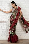 Buy_Akanksha Mago_Maroon Satin, Georgette, Silk Printed Ruffled Pre-draped Saree And Blouse Set _at_Aza_Fashions