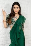Akanksha Mago_Green Organza, Silk Ruffles, Embroidery, Sequins Pre-draped Saree And Blouse Set _Online_at_Aza_Fashions
