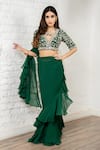 Akanksha Mago_Green Organza, Silk Ruffles, Embroidery, Sequins Pre-draped Saree And Blouse Set _at_Aza_Fashions