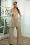 Buy_Akanksha Mago_Beige Georgette Embroidery, Sequins Split V-neck Hand Kurta And Palazzo Set _at_Aza_Fashions