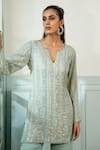 Buy_Akanksha Mago_Blue Georgette Sequins, Embroidery Split V-neck Hand Kurta And Palazzo Set _Online_at_Aza_Fashions