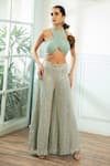 Shop_Akanksha Mago_Mint Georgette Sequins, Embroidery, Metallic Thread Hand Blouse And Palazzo Set _at_Aza_Fashions