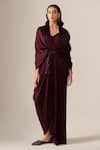 Ampm_Burgundy Satin, Organza Tassels Ekiya Pre-draped Saree Gown With Belt _Online_at_Aza_Fashions