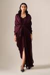 Buy_Ampm_Burgundy Satin, Organza Tassels Ekiya Pre-draped Saree Gown With Belt _at_Aza_Fashions