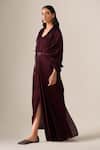 Buy_Ampm_Burgundy Satin, Organza Tassels Ekiya Pre-draped Saree Gown With Belt _Online_at_Aza_Fashions