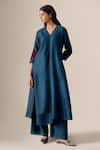 Ampm_Blue Chanderi Piping, Embroidery V-neck Milap Kurta Palazzo Set _Online_at_Aza_Fashions