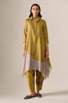 Shop_Ampm_Mustard Silk Embroidery Collared Ohad Paan Leaf Pattern Tunic And Set 