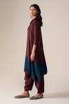 Ampm_Burgundy Silk Embroidery Collared Ohad Leaf Pattern Tunic And Pant Set _Online_at_Aza_Fashions