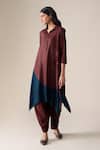 Shop_Ampm_Burgundy Silk Embroidery Collared Ohad Leaf Pattern Tunic And Pant Set _Online_at_Aza_Fashions